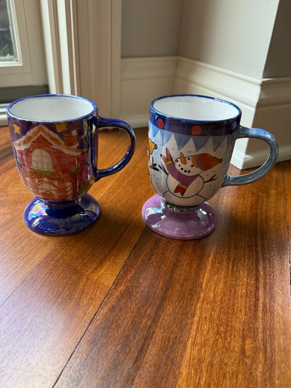 Two (2) Cardinal Inc. Hand Painted Winter Pedestal Mugs